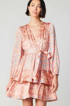 Current Air Floral Surplice Mini Dress CORAL Clearance
