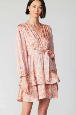 Current Air Floral Surplice Mini Dress CORAL Clearance