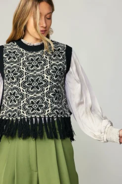 Current Air Floral Tassel Sweater Vest BLACK New