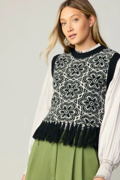 Current Air Floral Tassel Sweater Vest BLACK New