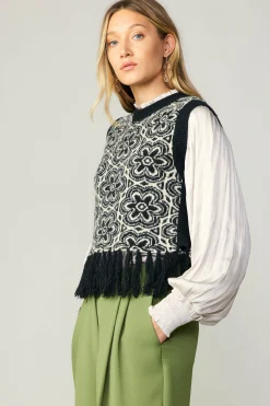Current Air Floral Tassel Sweater Vest BLACK New