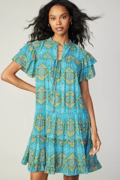Current Air Flutter Sleeve Geo Print Dress BLUE New