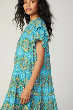 Current Air Flutter Sleeve Geo Print Dress BLUE New