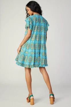 Current Air Flutter Sleeve Geo Print Dress BLUE New