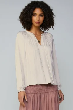 Current Air Gathered Split Neck Blouse LIGHTTAUPE New