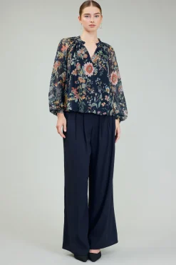 Current Air Glimmer Botanical Pleated Blouse NAVYMLT Fashion