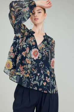 Current Air Glimmer Botanical Pleated Blouse NAVYMLT Fashion