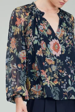 Current Air Glimmer Botanical Pleated Blouse NAVYMLT Fashion