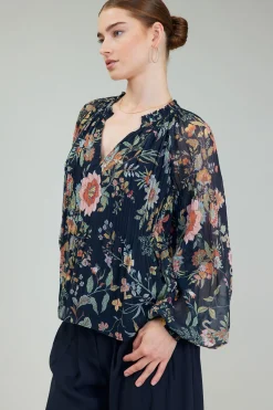 Current Air Glimmer Botanical Pleated Blouse NAVYMLT Fashion