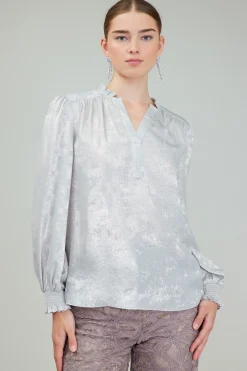 Current Air Glimmer Smocked Cuff Blouse OYSTER Online