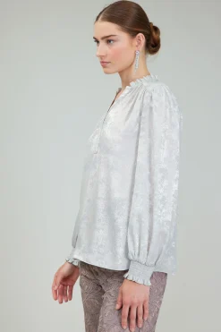 Current Air Glimmer Smocked Cuff Blouse OYSTER Online