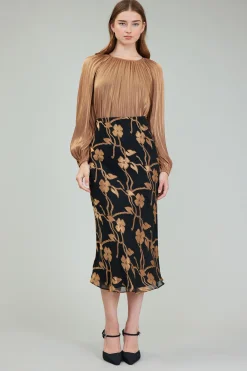 Current Air Gold Floral Midi Skirt BLACKGOLD Outlet