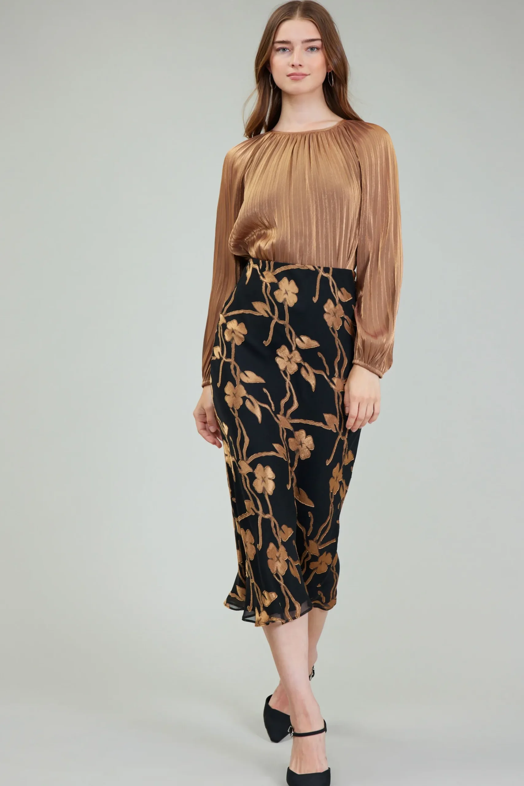 Current Air Gold Floral Midi Skirt BLACKGOLD Outlet