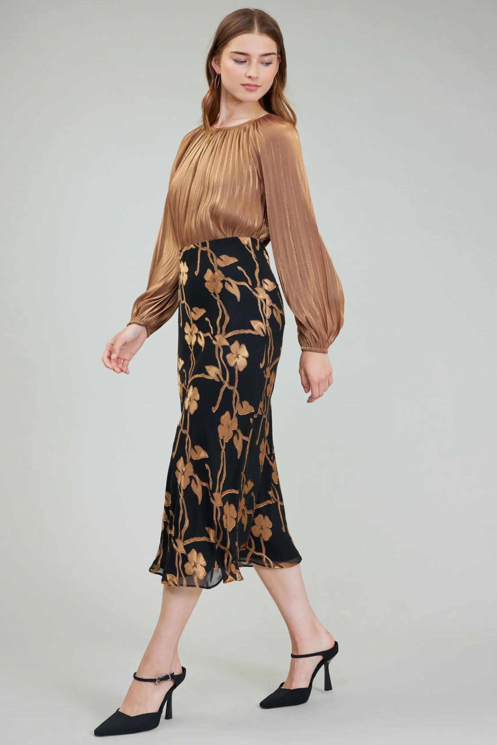 Current Air Gold Floral Midi Skirt BLACKGOLD Outlet