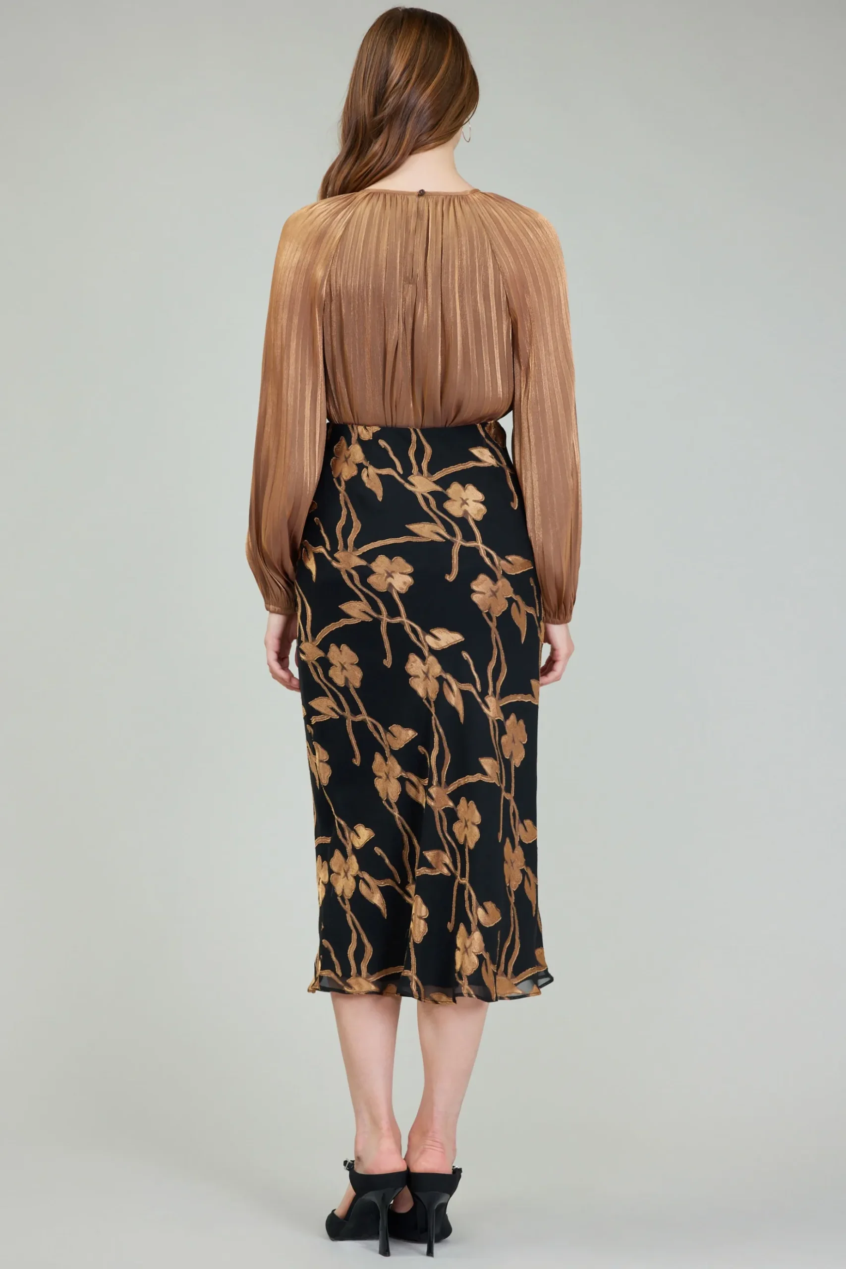 Current Air Gold Floral Midi Skirt BLACKGOLD Outlet