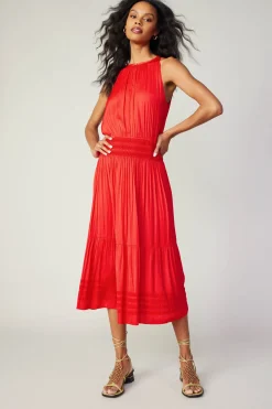Current Air Halter Smocked Midi Dress RED Sale