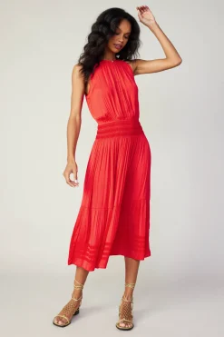 Current Air Halter Smocked Midi Dress RED Sale