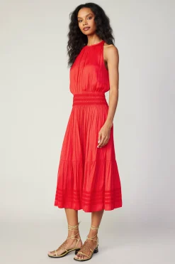 Current Air Halter Smocked Midi Dress RED Sale