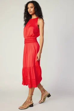 Current Air Halter Smocked Midi Dress RED Sale