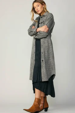 Current Air Houndstooth Long Shacket Coat Grey Hot