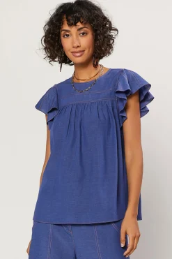 Current Air Indigo Ruffled Sleeve Top DENIMBLUE New