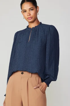 Current Air Jacquard Ruffled Neck Blouse NAVY Sale