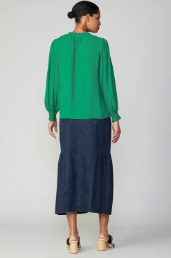 Current Air Jacquard Ruffled Neck Blouse GREEN Hot