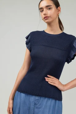 Current Air Knit Crewneck Ruffled Tank NAVY Hot