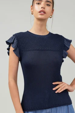 Current Air Knit Crewneck Ruffled Tank NAVY Hot