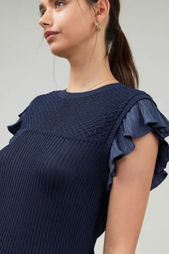 Current Air Knit Crewneck Ruffled Tank NAVY Hot