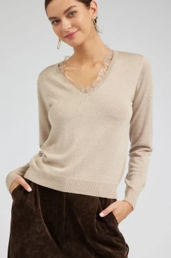 Current Air Lace Detail Sweater Top OATMEAL Fashion