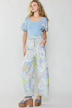 Current Air Linen Blend Floral Pants BLUE Outlet