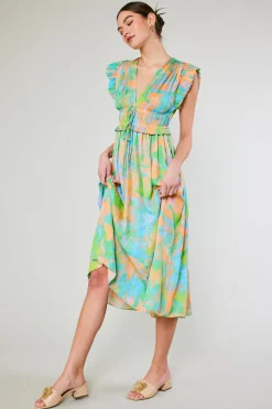 Current Air Mara Abstract Pleated Maxi Dress GREENORANGEMLT Sale