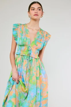Current Air Mara Abstract Pleated Maxi Dress GREENORANGEMLT Sale