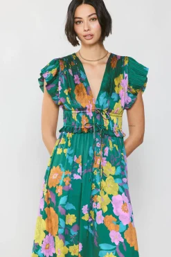 Current Air Mara Floral Pleated Midi Dress GREENFLORAL Outlet