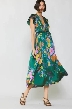 Current Air Mara Floral Pleated Midi Dress GREENFLORAL Outlet
