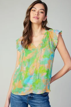 Current Air Margot Abstract Pleated Sleeve Blouse GREENORANGE New