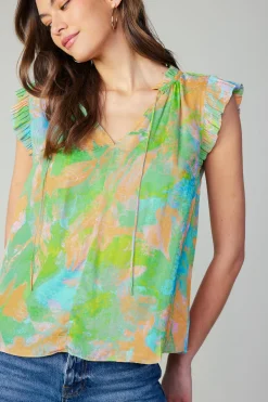 Current Air Margot Abstract Pleated Sleeve Blouse GREENORANGE New