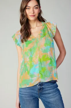 Current Air Margot Abstract Pleated Sleeve Blouse GREENORANGE New