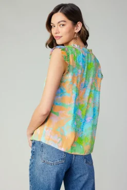 Current Air Margot Abstract Pleated Sleeve Blouse GREENORANGE New