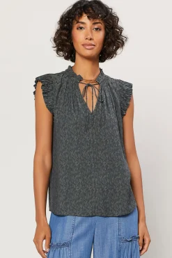 Current Air Margot Jacquard Pleated Sleeve Blouse DARKOLIVE Clearance