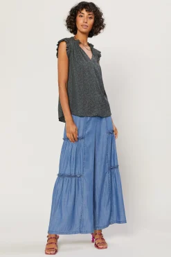 Current Air Margot Jacquard Pleated Sleeve Blouse DARKOLIVE Clearance