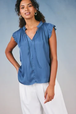Current Air Margot Pleated Sleeve Blouse DARKDUSTYBLUE Clearance
