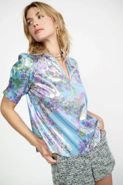 Current Air Metallic Botanical Print Top BLUEPURPLEMLT Best