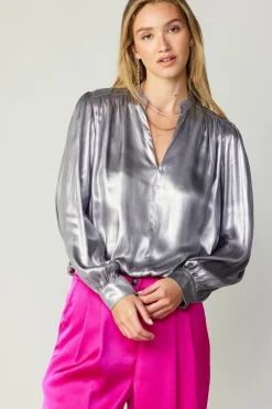 Current Air Metallic Bubble Hem Blouse SILVER New