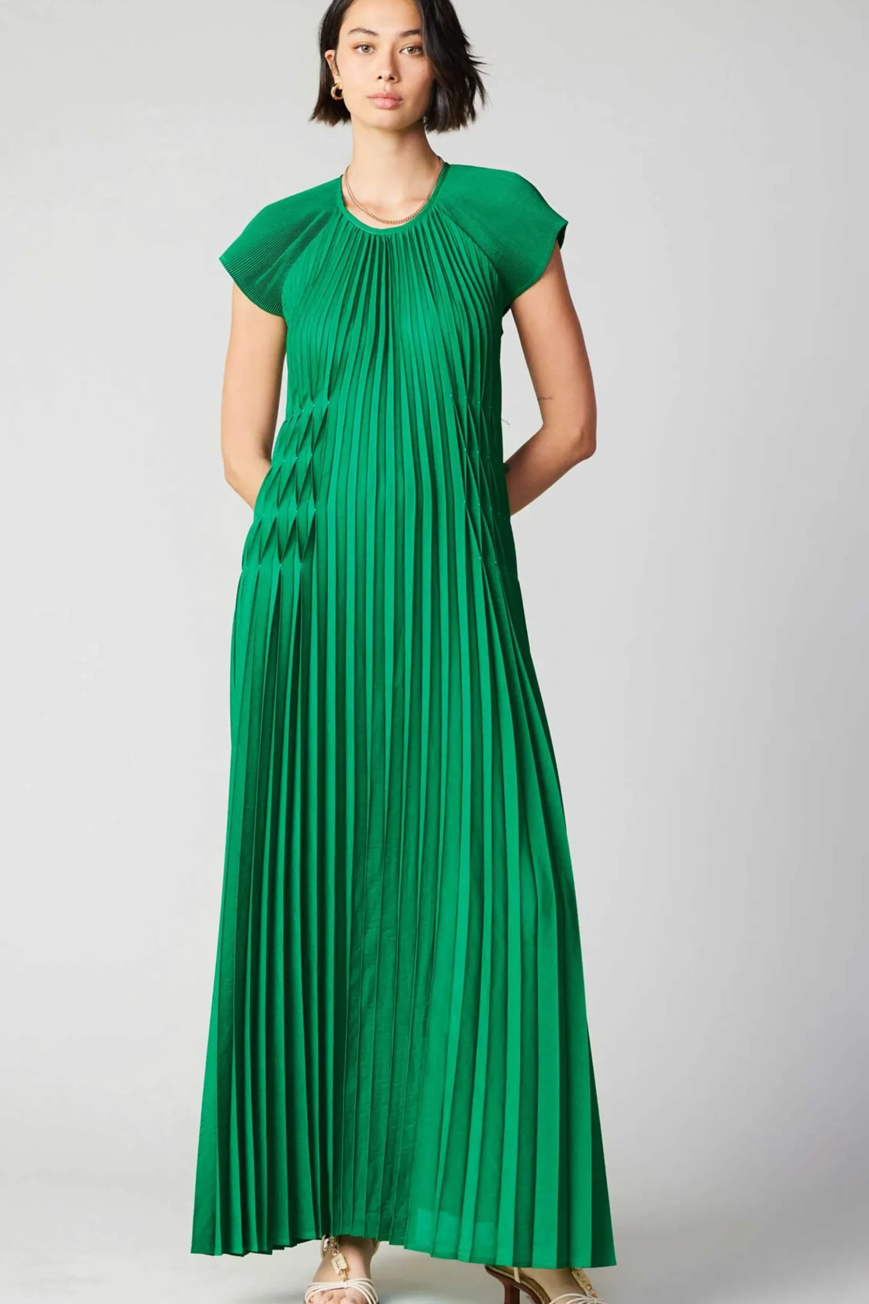 Current Air Mona Pleated Maxi Dress GREEN Clearance