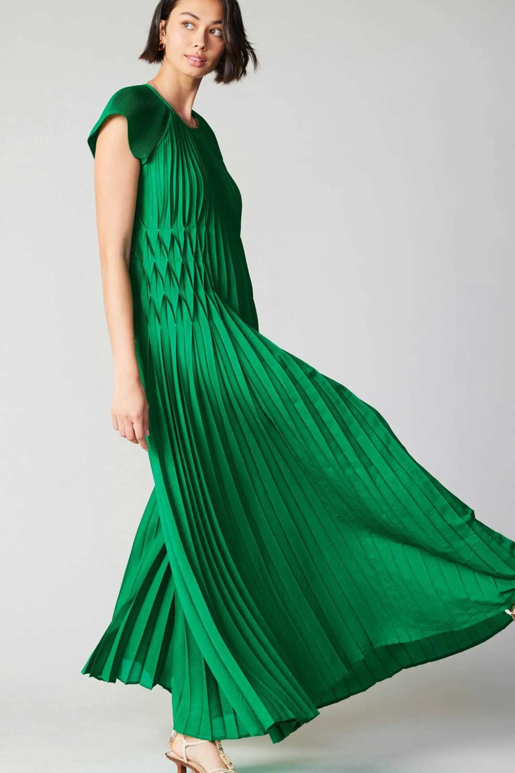 Current Air Mona Pleated Maxi Dress GREEN Clearance