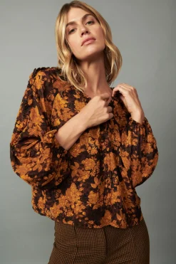 Current Air Orange Picot Stitch Blouse BROWNORANGEFLORAL Online