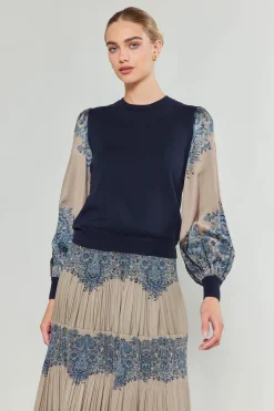 Current Air Ornate Motif Sweater Top TAUPEBLUEMLT Fashion