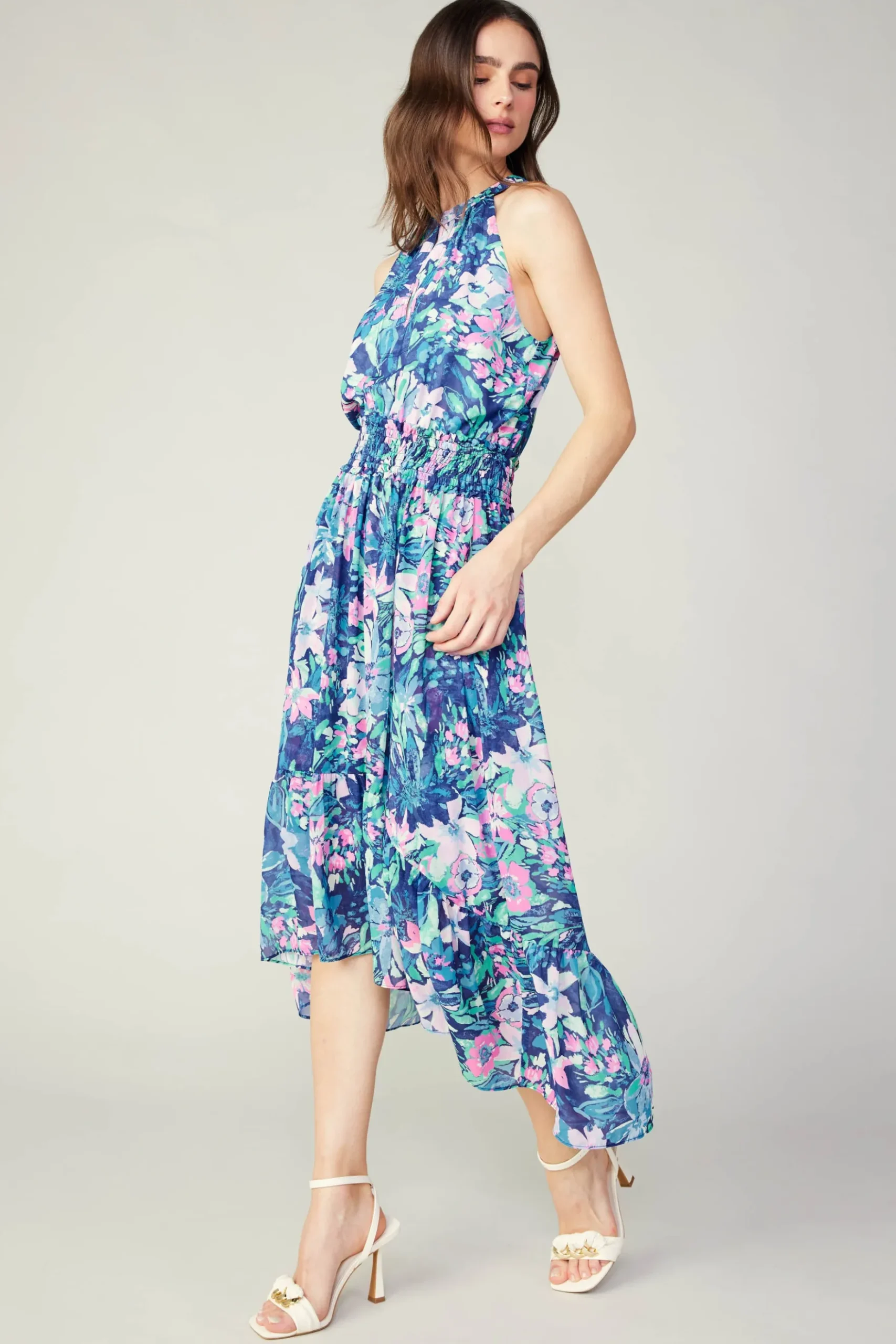 Current Air Painterly Floral Asymmetric Dress PINKBLUEMLT New